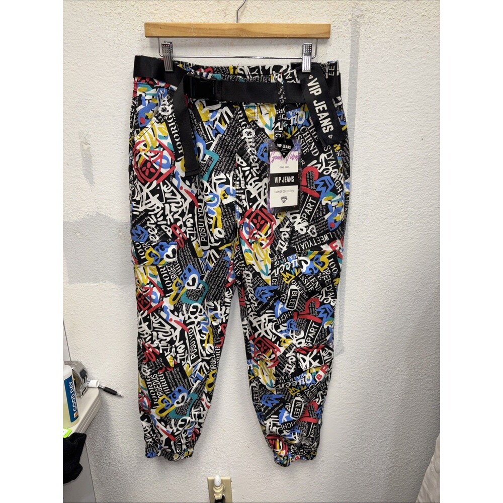 VIP Jeans Graphic Print Joggers Belt Size 15 32”Graffiti Street Wear Y2K New